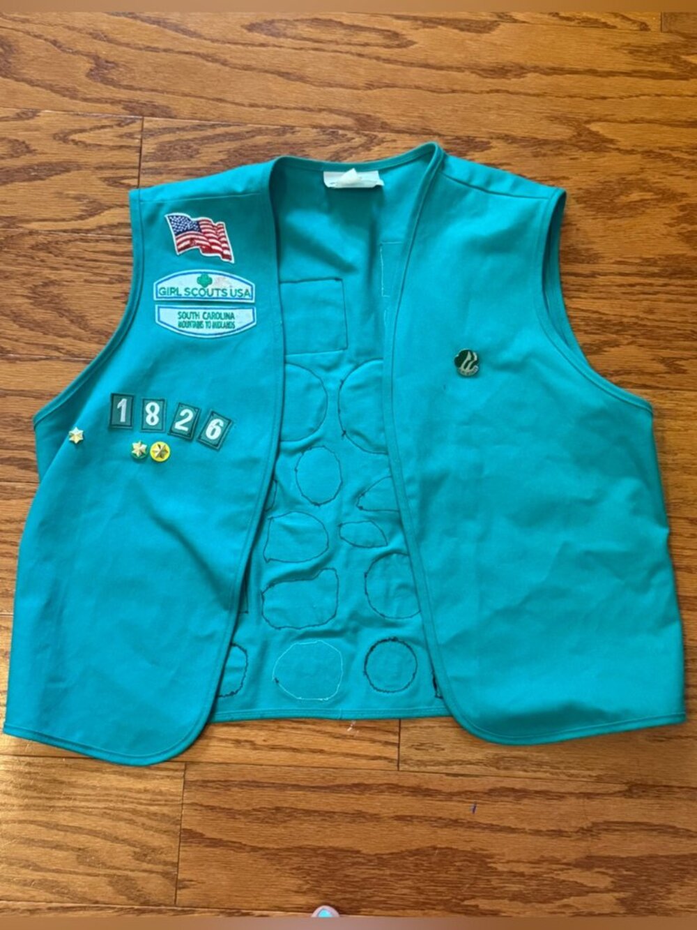 Green Girl Scouts USA Vest in with Merit Badge Accents